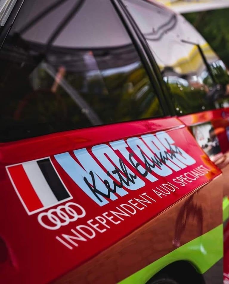 Door of the race car with the Keith Edwards Motors Independent Audi Specialist livery